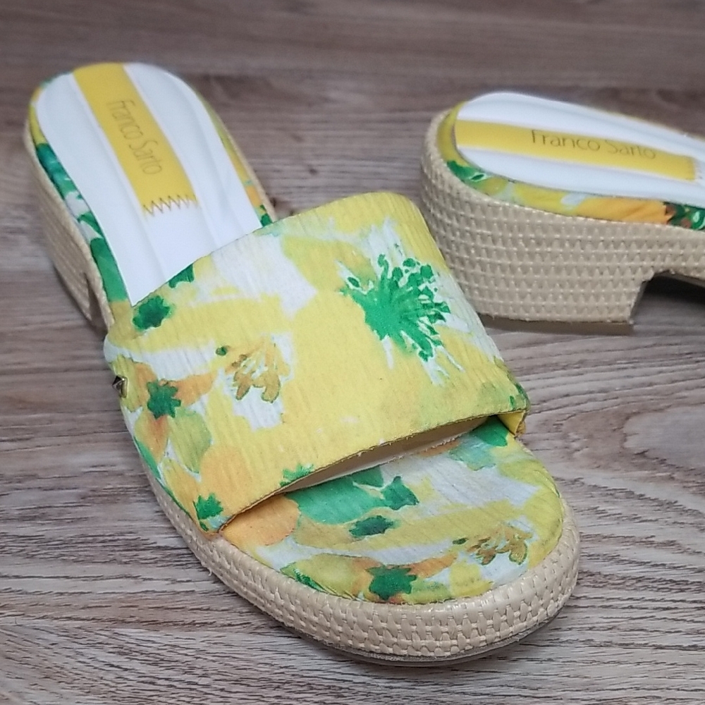 Franco Sarto Yellow Green Floral Low Heel Mules Sandals